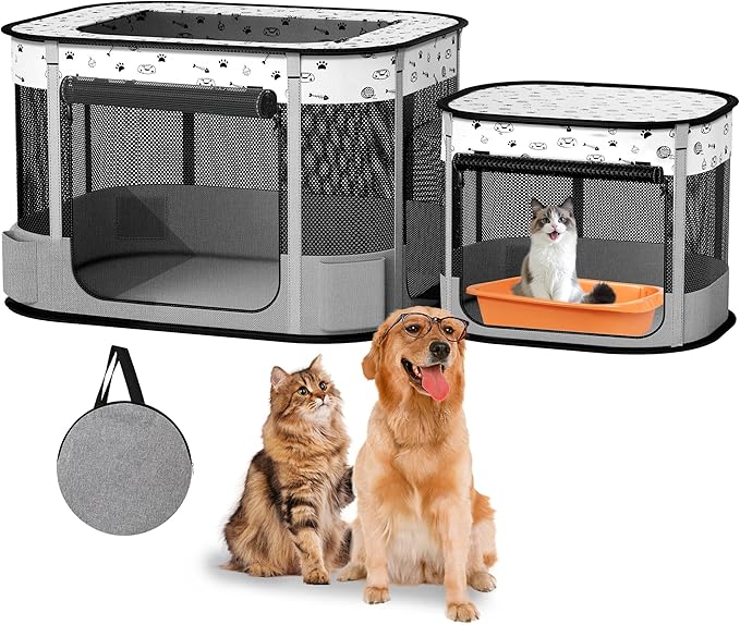Portable Cat Playpen, Foldable Pet Dog Playpen, for Kitten Puppy Play Pen Indoor/Outdoor, Cats Enclosure Cages Tent with Carrying Case, 600D Oxford 8-Rods, 32"x24"x22", Grey