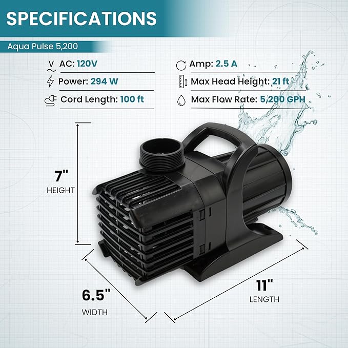 HALF OFF PONDS Submersible Water Pump, 5,200 GPH Pond Pump with 100FT Power Cord and 21FT Max Head, 294W Ultra Quiet Energy Efficient Pump for Koi Pond, Fountain, Waterfall, Water Garden, Skimmer