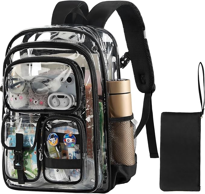 Clear Backpack, 17 inch Extra Large Transparent Backpacks with Accessories & Privacy Pouch, Cold-resistant Plastic Backpack for Teen Kids Adults, Black
