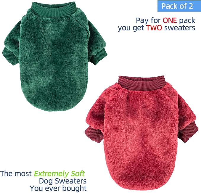 FabriCastle Christmas Dog Sweater, 2-Pack Dog Clothes, Soft and Warm Pet Jackets for Small Dogs & Cats, Winter Pet Apparel Costumes, Puppy Outfits (Dark red,Dark Green, X-Large)
