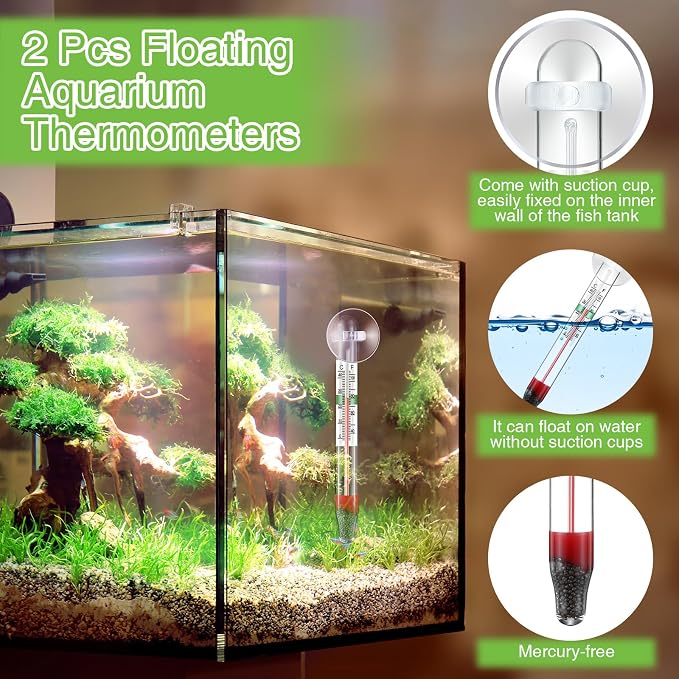 Dreyoo 2 Pack Floating Aquarium Thermometers, 0-43°C/32-110°F | with Suction Cup, Glass Material, Mercury Free Large Standing Thermometer for Freshwater and Saltwater Fish