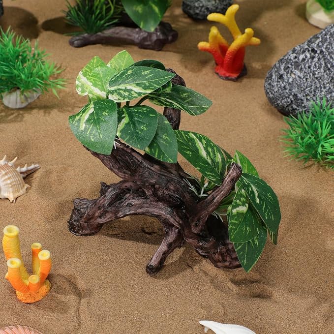 Veemoon Aquarium Driftwood Resin Decor with Cloth Leaf Plants and Driftwood Cave Realistic Fish Tank Landscape Ornament for Freshwater and Saltwater Aquatic Pets 6.69 X 4.33 X 3.93 Inch