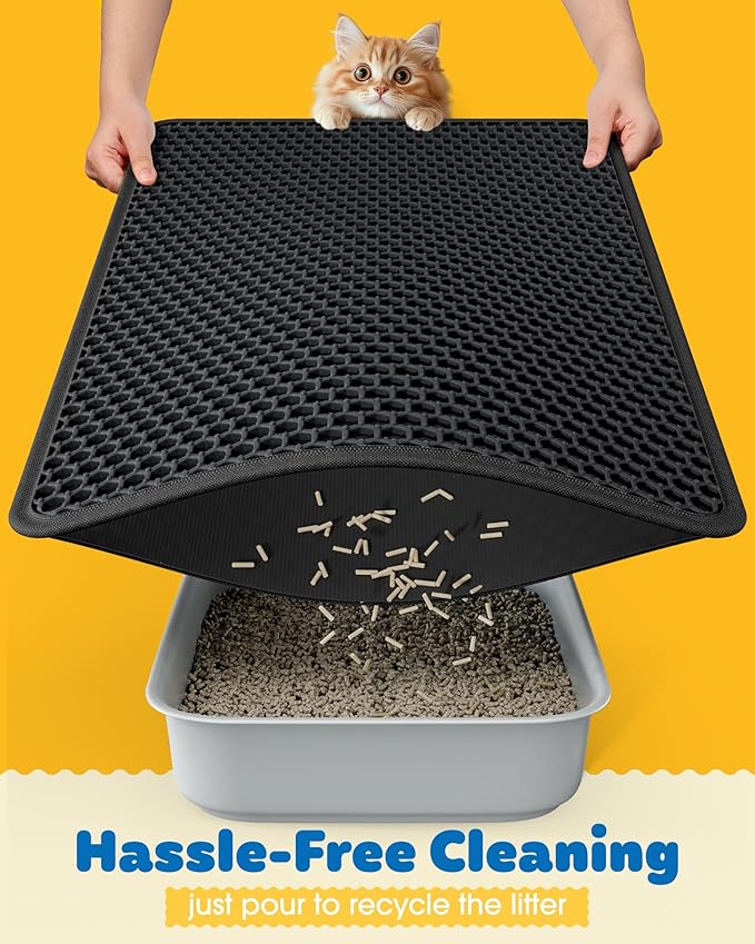 Powools 35" x 30" Cat Litter Mat - Ultra-Large Litter Box Mat with Double Layers, Urine-Proof and Non-Slip Litter Trapping Mat, Easy to Clean Kitty Litter Mats for Floor, Scatter Control, Black