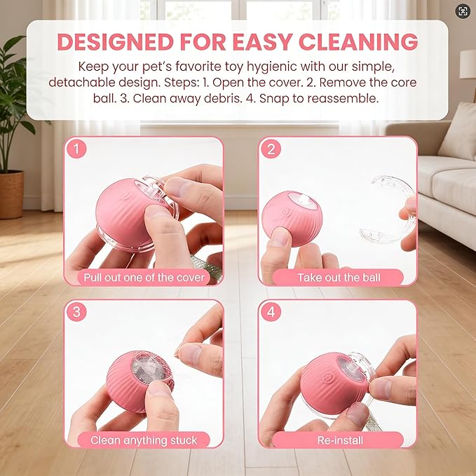 Rechargeable Smart Rolling Cat Ball, Automatic Interactive Cat Toy with 3 Modes, LED Light & 3 Replaceable Accessories, Indoor Cat Exercise Toy for Kittens & Adult Cats, for Boredom Relief Red
