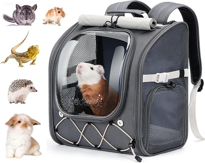 Pecute Small Pet Carrier, Breathable Small Animal Carrier with Transparent Bubble & Steel Frame, Safety Lock for Hamster, Rabbit, Bearded Dragon, Guinea Pig, Parrot, Ideal for Hiking, Vet Visits, Gray
