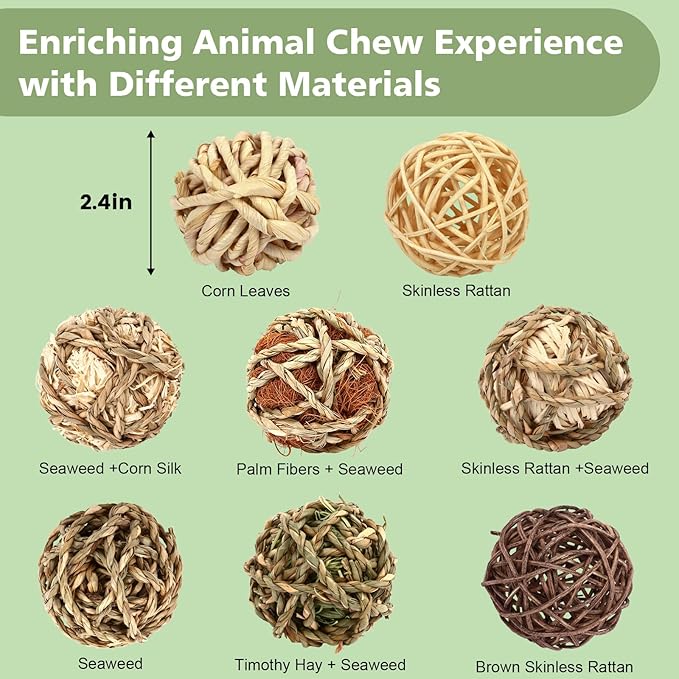 VESPRO Bunny Chew Grass Balls, Rolling Chew Toys for Small Animals, Natural Chew Grass Toys and Bunny Treats for Rabbits, Guinea Pigs, Chinchillas, Hamsters, Mice Teeth Grinding (8 Pcs)