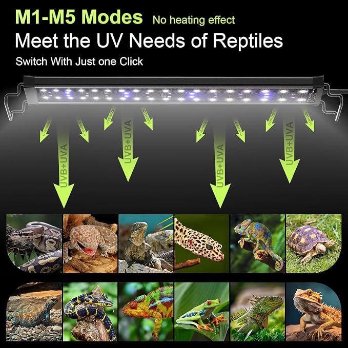 22W LED UVB Light for Reptiles Terrarium Light Extendable Reptile Tank Light with Controller ＆Dimming and 5 UVI Modes Full Spectrum Brilliant White Blue Red Lights for Bearded Dragon, Gecko