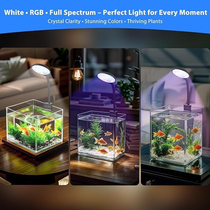 Mini Clip-On Aquarium Light 7W USB Dimmable Fish Tank Lamp with 3 Light Modes (White/RGB/Full Spectrum), 9-Level Brightness, 360° Adjustable Gooseneck for 1–3 Gallon Tanks