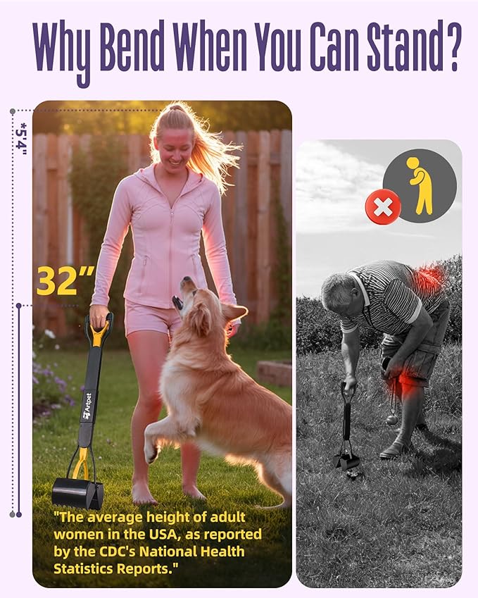 32 Inch Dog Pooper Scooper Long Handle for Large Dogs for Yard – No Bending Great on The Back, Ease of Pick Up, Convenient, Heavy Duty, Grass Friendly, Plastic, Yellow