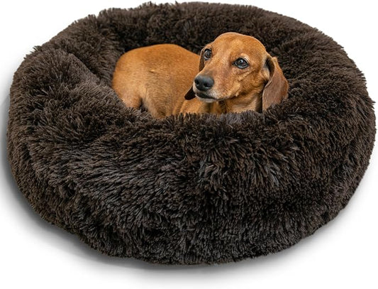 Best Friends by Sheri The Original Calming Donut Dog Bed for Small Dogs up to 25 lbs, Shag Faux Fur, Dark Chocolate, 23" x 23"