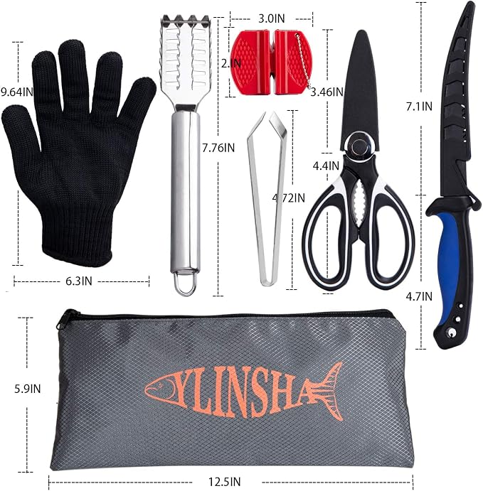 Fishing Knife, Fish Cleaning Kit 7 PC Set with Fish Knife, Fish Scale Cleaning Brush, Multi-Functional Scissors, Anti-Cutting Gloves, Fishbone Tweezers, Storage Bag
