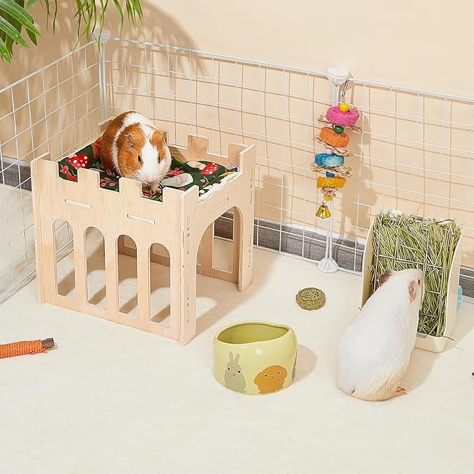 Bienbee Guinea Pig Hideout, Large Wooden Guinea Pig House with Soft Mat for Small Animals Bunny Hamster Chinchilla Ferret Rabbit Hedgehog Squirrel Guinea Pigs Accessories