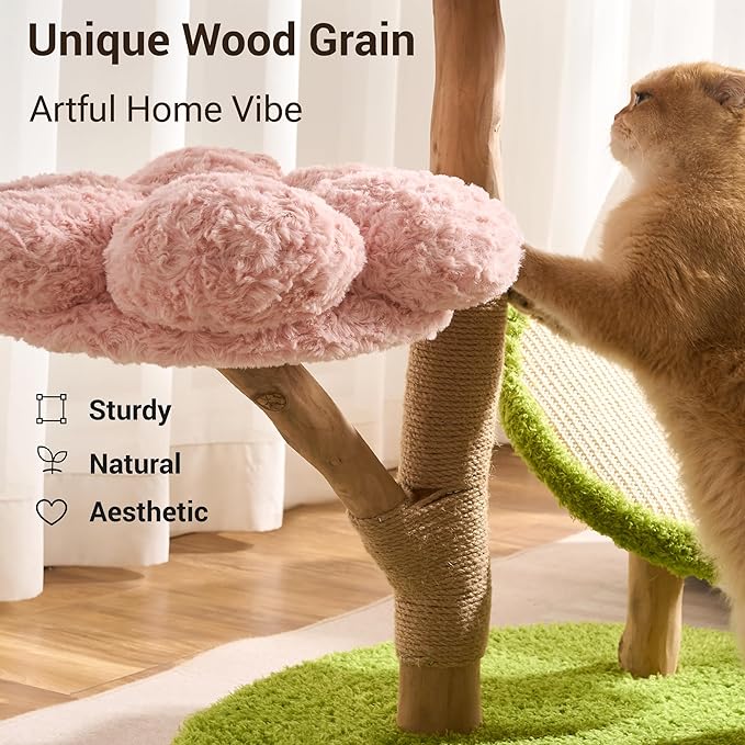 Aesthetic Flower Cat Tree Tower with Scratching Post for Indoor Cats, 30" H Modern Cat Tree with Natural Solid Wood Branch, Fluffy Cat Beds Removable & Large Scratching Board, Creamy White