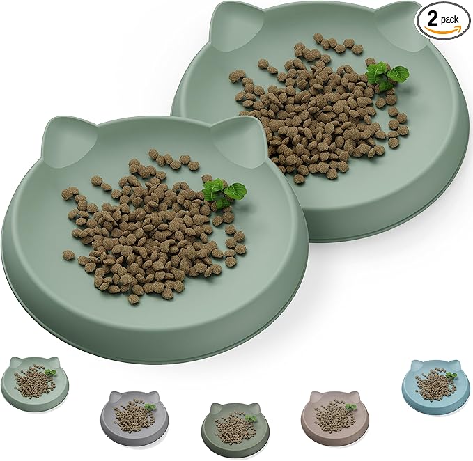 Cat Bowls for Indoor Gentle Small Kitten (2pcs, Soft Silicone) Shallow Wide Plates Feeder Whisker Fatigue Relief Cute Pet Kitty Food Water Dishes Set Anti Slip, Dishwasher Safe