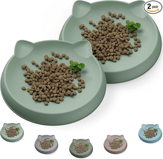 Cat Bowls for Indoor Gentle Small Kitten (2pcs, Soft Silicone) Shallow Wide Plates Feeder Whisker Fatigue Relief Cute Pet Kitty Food Water Dishes Set Anti Slip, Dishwasher Safe