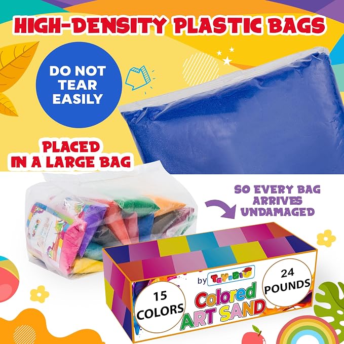 Sand Art Sand [15 Colors: 24 lbs], Colored Sands Bulk, Delightful Sands Art Fun for Crafts, Parties, Children, Nice Colorful Fun Sandy Crafts for Kids Age 3+, Non-Toxic, 15 Bags