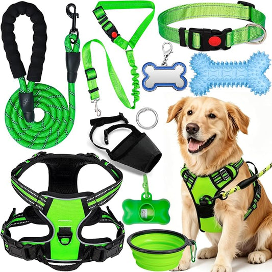 No Pull Dog Harness Adjustable Collar & Leash Set - Dog Halter Harnesses Collapsible Bowls & Poop Bag Dispenser Muzzle ID Tags Toys Fits Small Medium Large Dogs (Green-L)