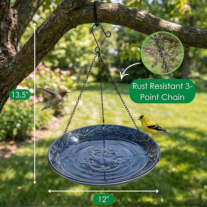Blue Ceramic Bird Bath Bowl - Hanging Bird Baths for Outdoors - 12-Inch Glazed Ceramic Bowl with Embossed Bluebird & Flower Design - Metal Chain & Hook
