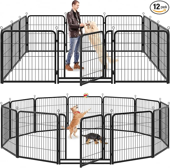 Kfvigoho Dog Playpen Outdoor Extra Wide 12 Piece Panels Heavy Duty Dog Fence 32" Height Anti-Rust with Doors Portable for RV Camping Yard, Total 32FT, 79 Sq.ft, Snowy Black