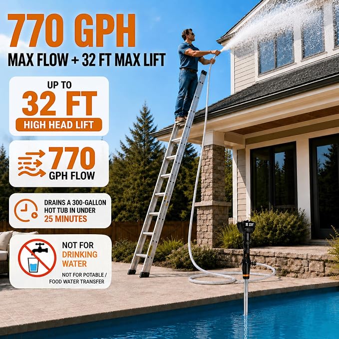 Cordless Stick Water Transfer Pump 770 GPH with 2 4.0Ah Batteries (Orange) | 2X4 Ah Batteries, 32ft Lift, 11.5 FT Hose & 8-Mode Nozzle, For Hot Tub, Pool, Basement