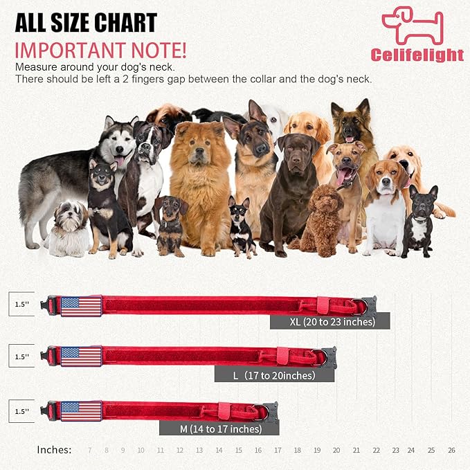 Celifelight Tactical Dog Collar and Bungee Leash, Military & Leash Set with USA American Flag Adjustable K9 Heavy Duty Metal Buckle Handle, Patches Airtags Case (L, Red(1PCS))