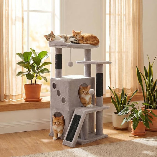 PETEPELA Cat Tree for Indoor Cats, 34.6" Small Cat Tower with Scratching Posts, 2 Condos, Scratching Ramp & Dangling Toys, Cat Play House for Multi-Cat Households, Black