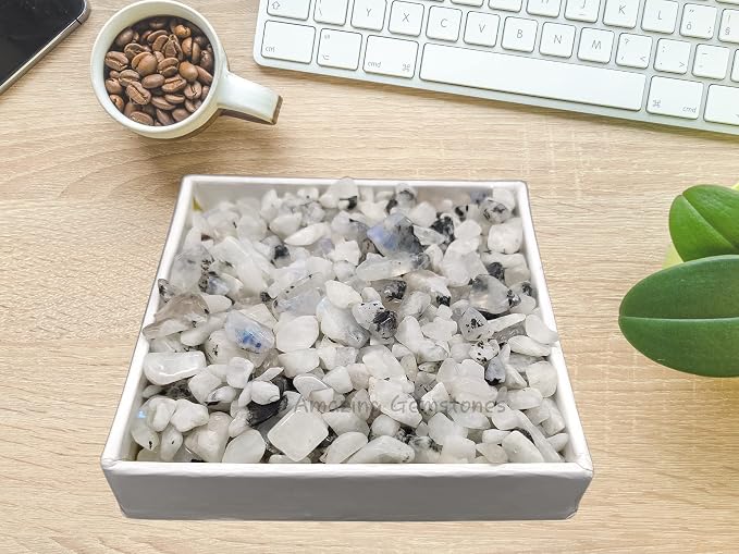 Amazing Gemstone Rainbow Moonstone Crystal Chips Aquarium Gravel Rocks - Bulk Fish Tank Gravel, Small Tumbled Stone Chips and Tiny Crystals for Decoration (Natural AAA Grade Gemstones)