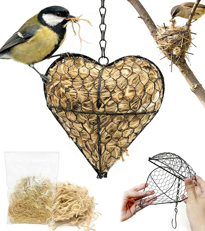 Bird Nesting Heart with Natural Nesting Fibers, Refillable Bird Nesting Material Holder for Hummingbirds, Outdoor Garden Art Decor Gift for Bird Lovers