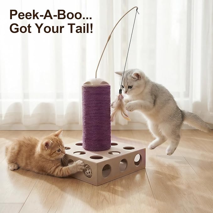 Cat Scratching Board 3 in 1 with Scratching Post, Rotating Teaser Wand & Bell Ball, Cat Nail File Enrichment Box for Indoor Cats Kitten, Interactive Cat Toys for Boredom Relief