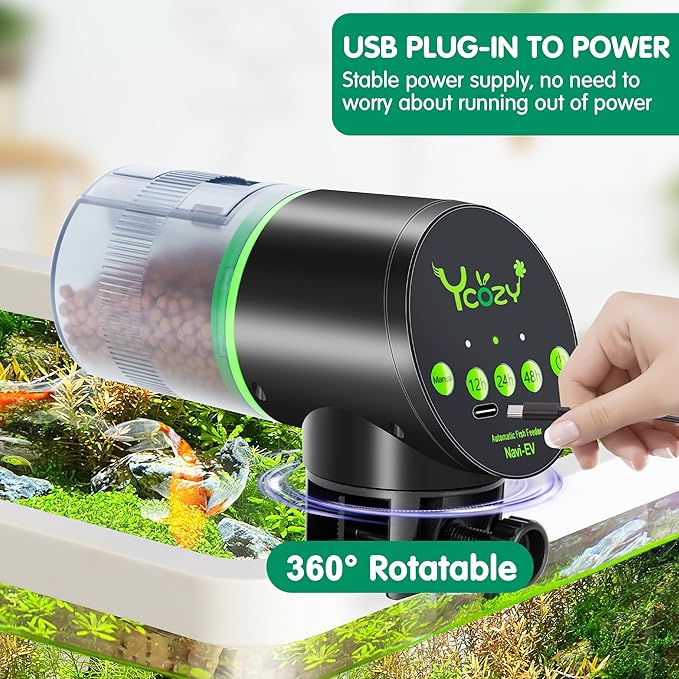 Ycozy Automatic Fish Feeder Rechargeable with USB Cable Moisture-Proof Intelligent Electric Fish/Turtle Feeder for Aquarium & Fish Tank (Plug Powered-EV)