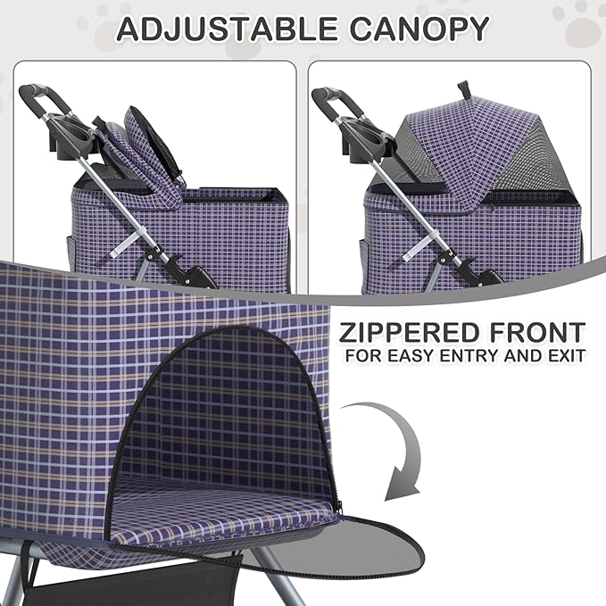 MoNiBloom 3 in 1 Foldable Pet Stroller for Small & Medium Dogs, Detachable Carrier, Car Seat, Push Button Entry, 4-Wheel Jogger for Pets up to 33 lbs, Plaid
