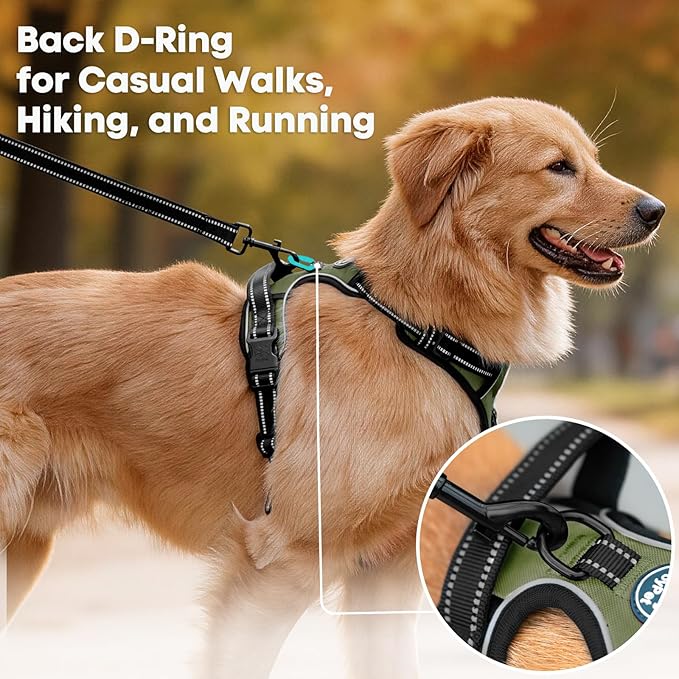PoyPet No Pull Dog Harness with Handle Reflective Padded Vest for Small Medium Large Dogs, Adjustable Puppy Harnesses with Front & Back Clip Easy Walking (Military Green,XL)