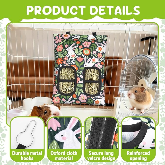 3 Pcs Rabbit Hay Feeder, 2-Hole Hanging Guinea Pig Hay Bags Washable Bunny Hay Bag for Rabbits, Chinchillas, Hamsters, Small Pets and Animals (11.8"×8.7")