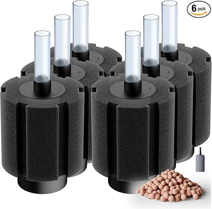 Aquarium 6 Pack 50-80 Gallon Sponge Filter with Air Stone and Ceramic Media Quiet Fish Tank Filters fit Breeding Fry Betta Shrimp Fish Tank