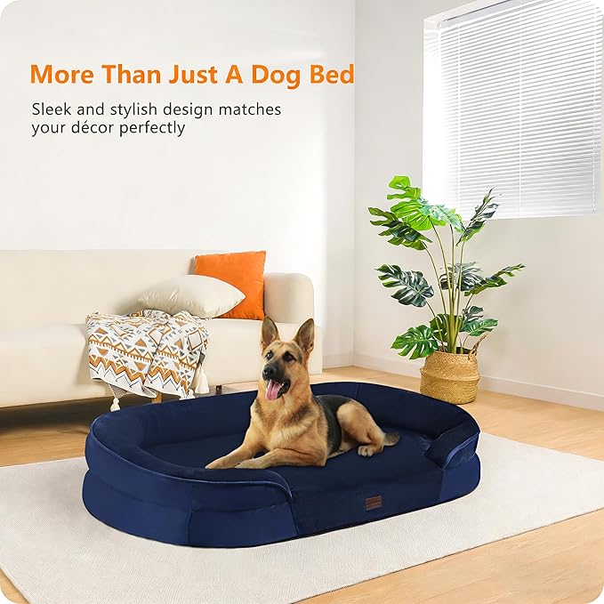 Dwanton Orthopedic Dog Bed for Extra Large Dogs with Gel Memory Foam, Waterproof Dog Sofa, Washable Pet Bed with Four Sided Bolster Cushion, Removable Cover & Non-Slip Bottom, 45", Navy Blue