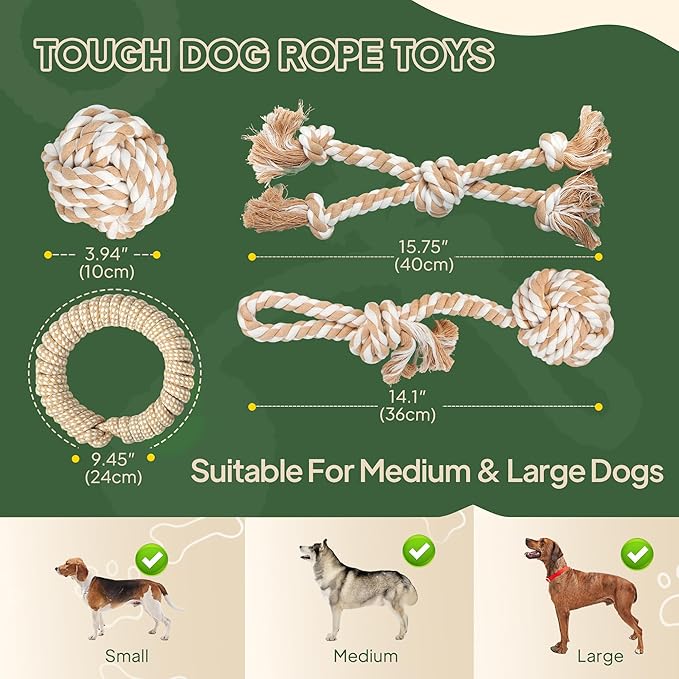 TwoEar Dog Rope Toy 4 Pack - Dog Rope Toys for Large Dogs - Indestructible Natural Cotton Chew Toys for Aggressive Chewers - Tough Tug of War Dog Toys for Boredom, Teeth Clean