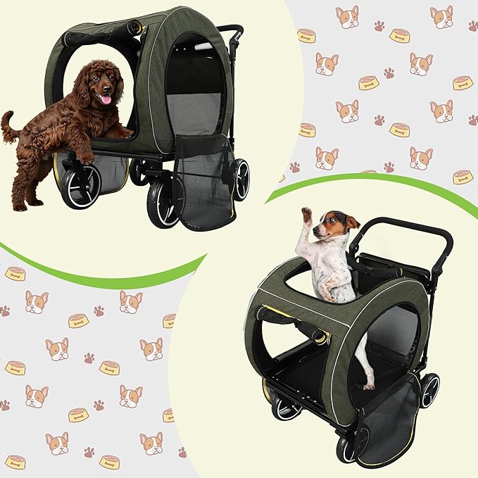 Saudism Pet Stroller for Dogs Cats up to 50 lbs, Foldable Dog Stroller with 360° Swivel Wheels, Detachable Carrier, Adjustable Handle, Travel Dog Stroller for Small Medium Large Pets, Green