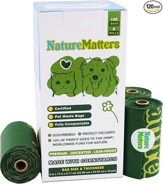 Cornstarch-Based Dog Waste Bags – TÜV Austria Certified Materials | Strong & Leakproof | Eco-Friendly Pet Cleanup | 10% Donated to Charity | 120 Count