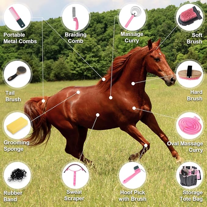 Horse Grooming Kit 13 Piece, Horse Brushes for Grooming Supplies Set, Professional Horse Supplies with Gloves & Brush for Equine Care, Pink