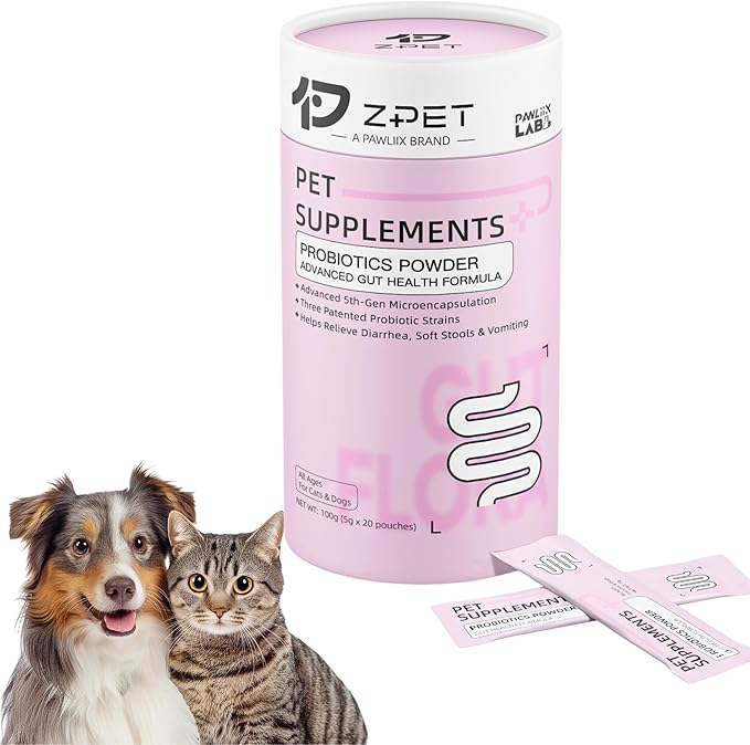 ZPET Probiotics Powder for Dogs & Cats – 5th-Gen Microencapsulation with 3 Patented Strains – Gut Health & Digestive Support – Helps with Diarrhea, Stool Odor & Appetite – 100g (5g×20 Piuches)