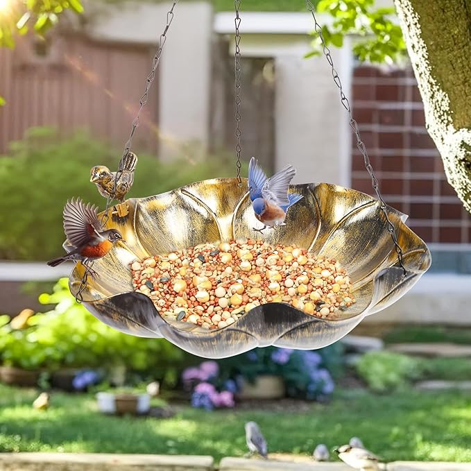 MUMTOP Hanging Bird Baths for Outdoors - Metal Bird Bath, 11.6 Inch Flower Shape Birdbath Bird Feeder Bowl for Outside, Garden, Lawn Yard Decor(Silver)