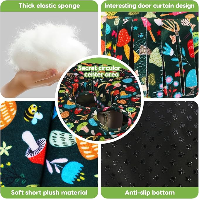 Guinea Pig Hideout & Tunnels Cozy House with Door Curtain Soft Bed for Small Pets/Hamsters/Sugar Gliders/Chinchillas - Blackish Green Mushroom