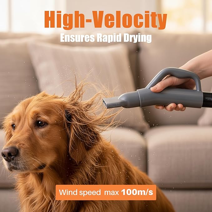 NEWBULIG Dog Hair Dryer, 1550W High Velocity Pet Blow Dryer with Heater for Grooming, Speed Temperature Adjustable Dog Blower Grooming Dryer with 4 Nozzles, Grey