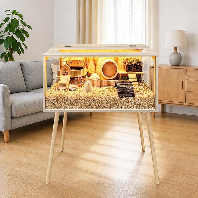 PROLEE Hamster Cage Wooden Chew Proof, Extra Large Mice and Rat Habitat Openable Top with Acrylic Sheets Solid Built Small Animal Cage with Leg Stands, 24 Inch Long