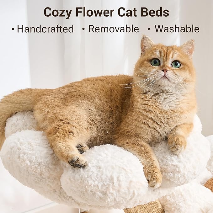 Aesthetic Flower Cat Tree Tower with Scratching Post for Indoor Cats, 37" Modern Cat Tree with Wood Sculpted Branch, Flower Cat Beds, Scratching Board & Interactive Squeaky Toy, Creamy White