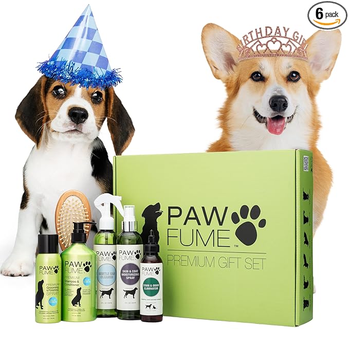 Pawfume Dog Gift Basket, 6-Piece Box – Give Your Pup a Spa-Quality Coat & Odor-Free Freshness – Probiotic Deodorizer Spray, Hypoallergenic Grooming Mist & Premium Brush – Dog Gift Boxes for All Breeds