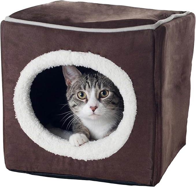 Cat House - Indoor Bed with Removable Foam Cushion - Cat Cave for Puppies, Rabbits, Guinea Pigs, and Other Small Animals by PETMAKER (Dark Brown) 13x13.5x12"