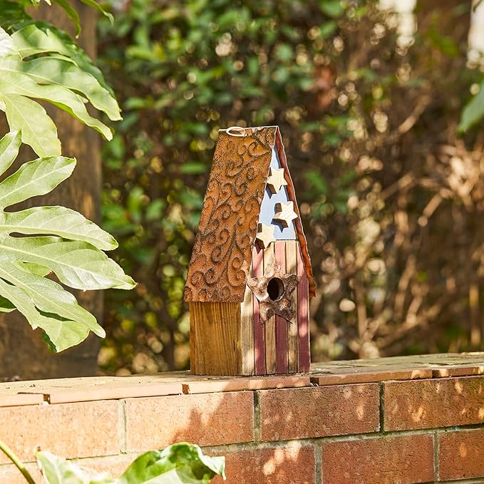 Glitzhome Bird House for Outdoors, 12.5 Inch Wooden Bird House Patriotic USA Distressed Hanging Birdhouses for Bluebird Cedar Wren Chickadee Sparrow Bird Nest Box for Garden Patio