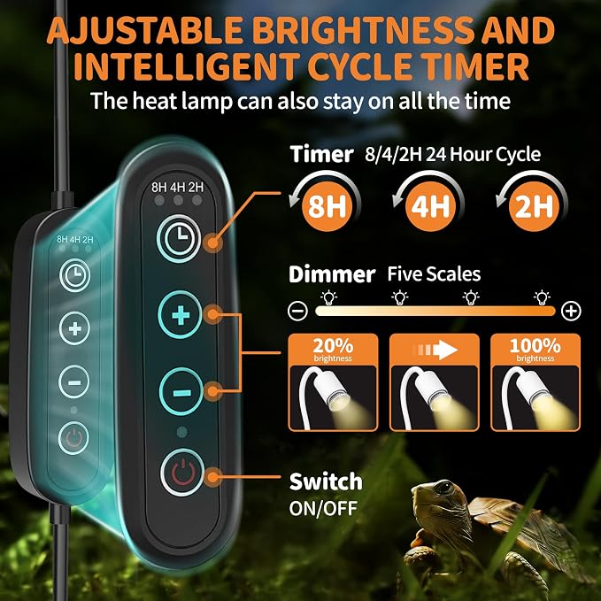 GOZILLA Reptile Heat Lamp, Turtle Lamp with 360° Goose Neck Rotatable Timing & Dimming Cycle Timer, 25W+50W UVA/UVB Reptile Light Bulbs for Reptiles and Amphibian Tanks, Terrariums and Cages.(White)