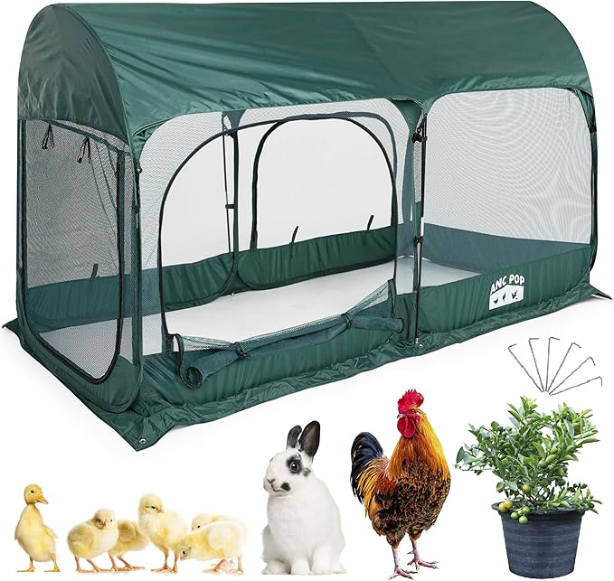 ANC POP Portable Chicken Run Large Pop-Up Chicken Pen for Small Animals Outdoor Gardening Net with 3 Doors and Handbag, Easy to Install and Storage, Green